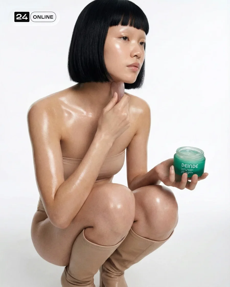 Minimalist editorial skincare campaign with glossy skin, sculpting tool, and… — AI-generated example 4 of 4