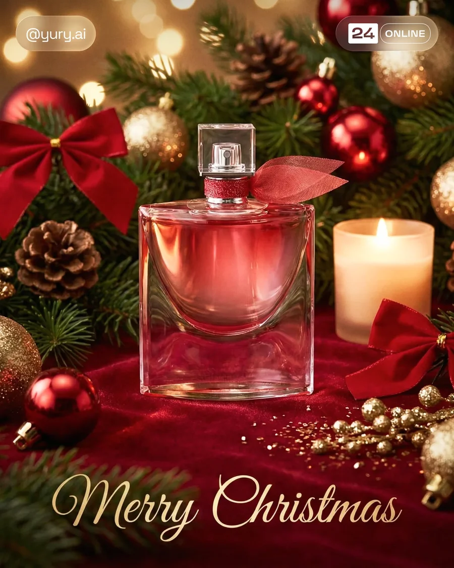 Luxury Christmas-themed product showcase with festive ornaments, glowing… — AI-generated example 2 of 3