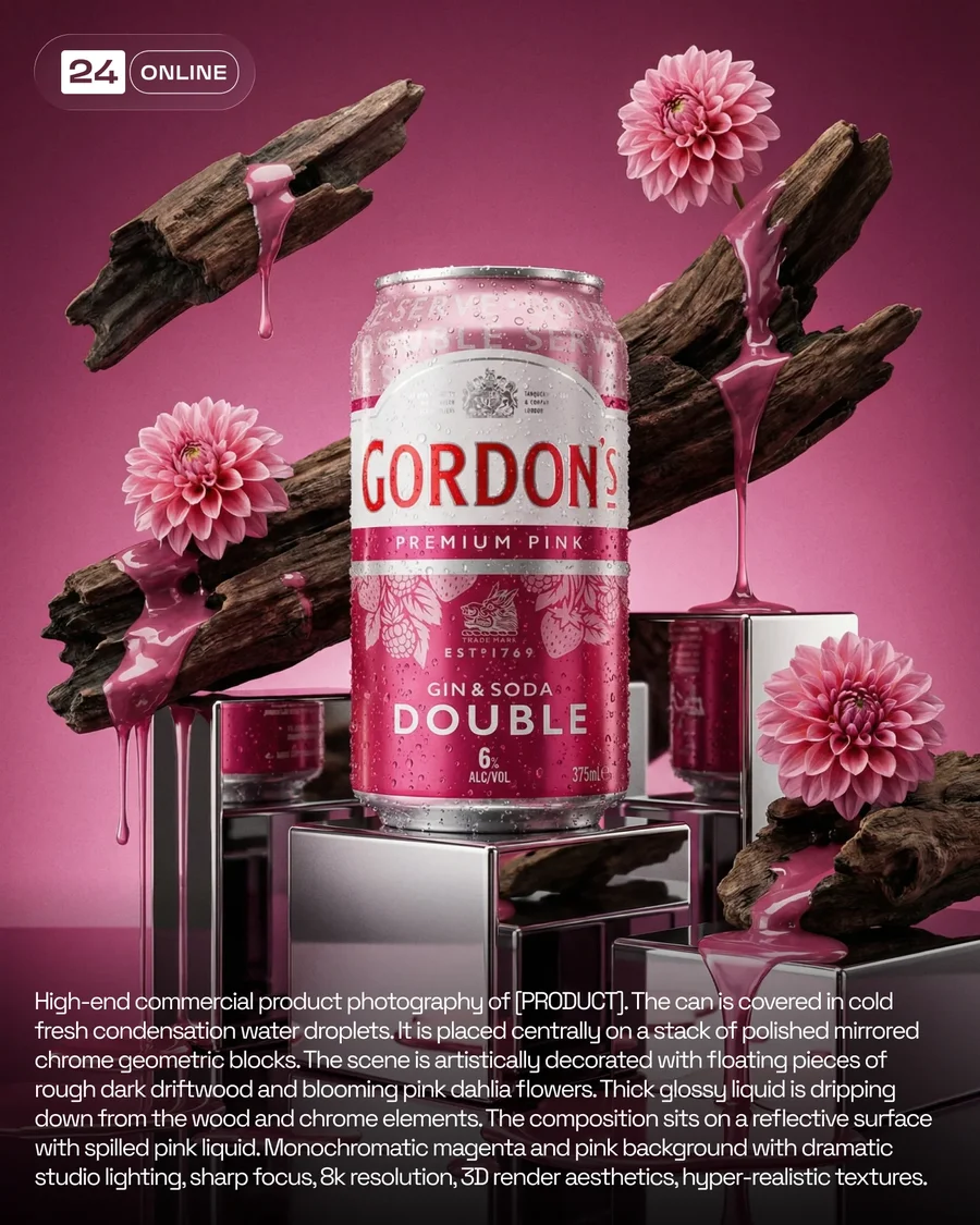 Avant-garde food photography with surreal styling, chrome accents, driftwood… — AI-generated example 4 of 6