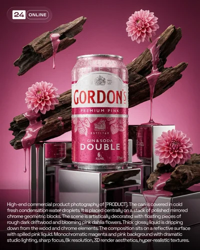 Avant-garde food photography with surreal styling, chrome accents, driftwood, flowers, and glossy sauces.
