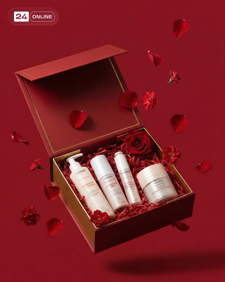 Luxury romantic beauty product photography with dramatic red tones and premium… — AI-generated example 3 of 3