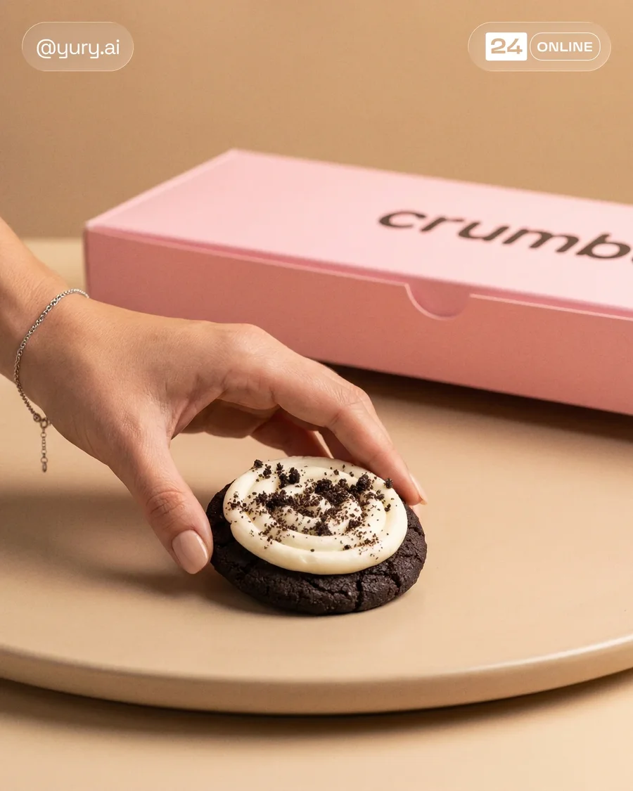 Warm beige commercial cookie photography with macro details and playful upscale… — AI-generated example 4 of 5