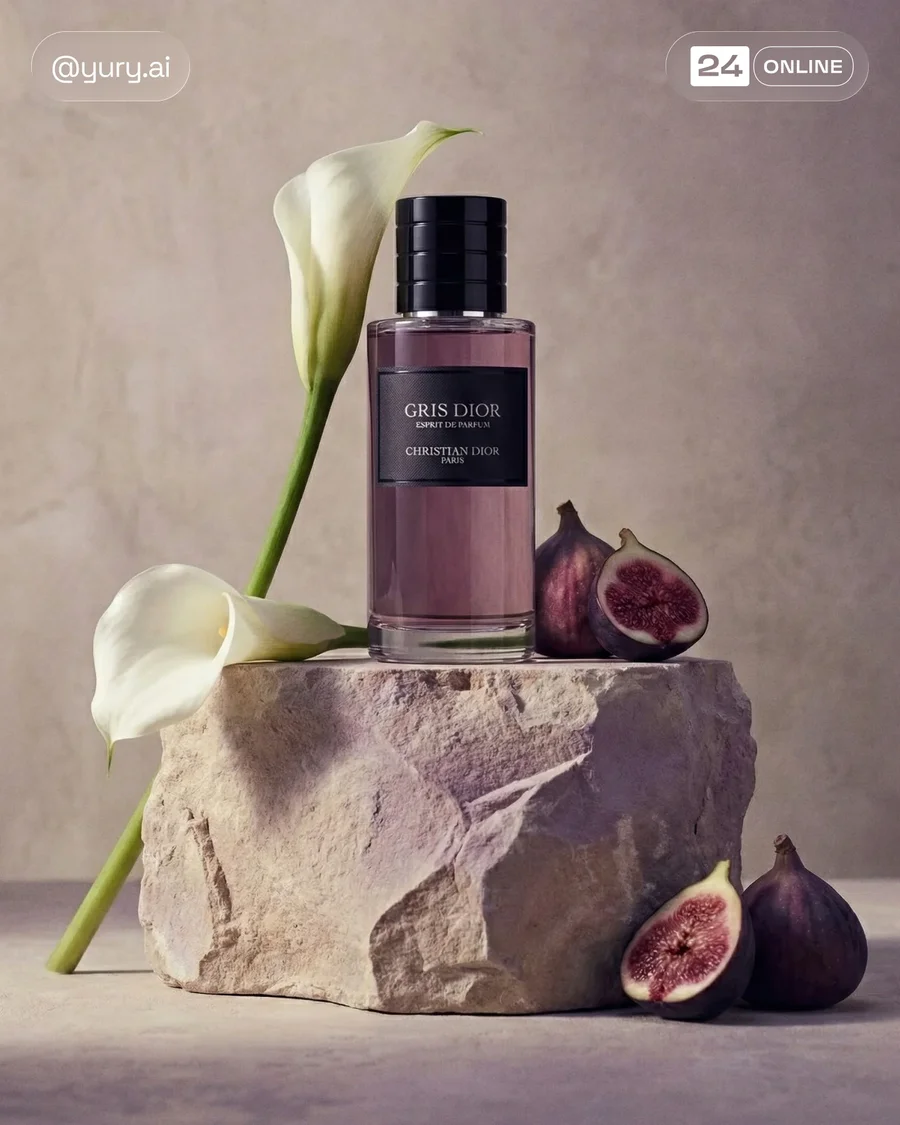 Luxury bottle product photography with sculptural florals, fruit accents, and… — AI-generated example 2 of 2