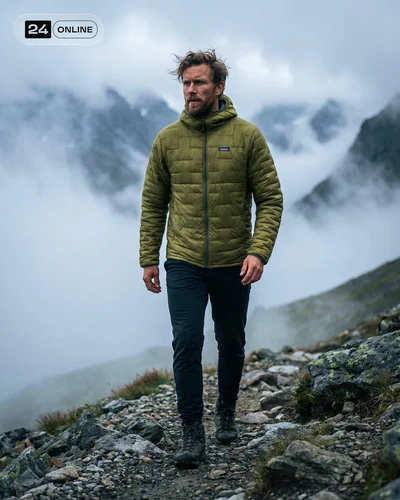 Cinematic outdoor activewear on male model with rugged Nordic realism and mountain backdrop.