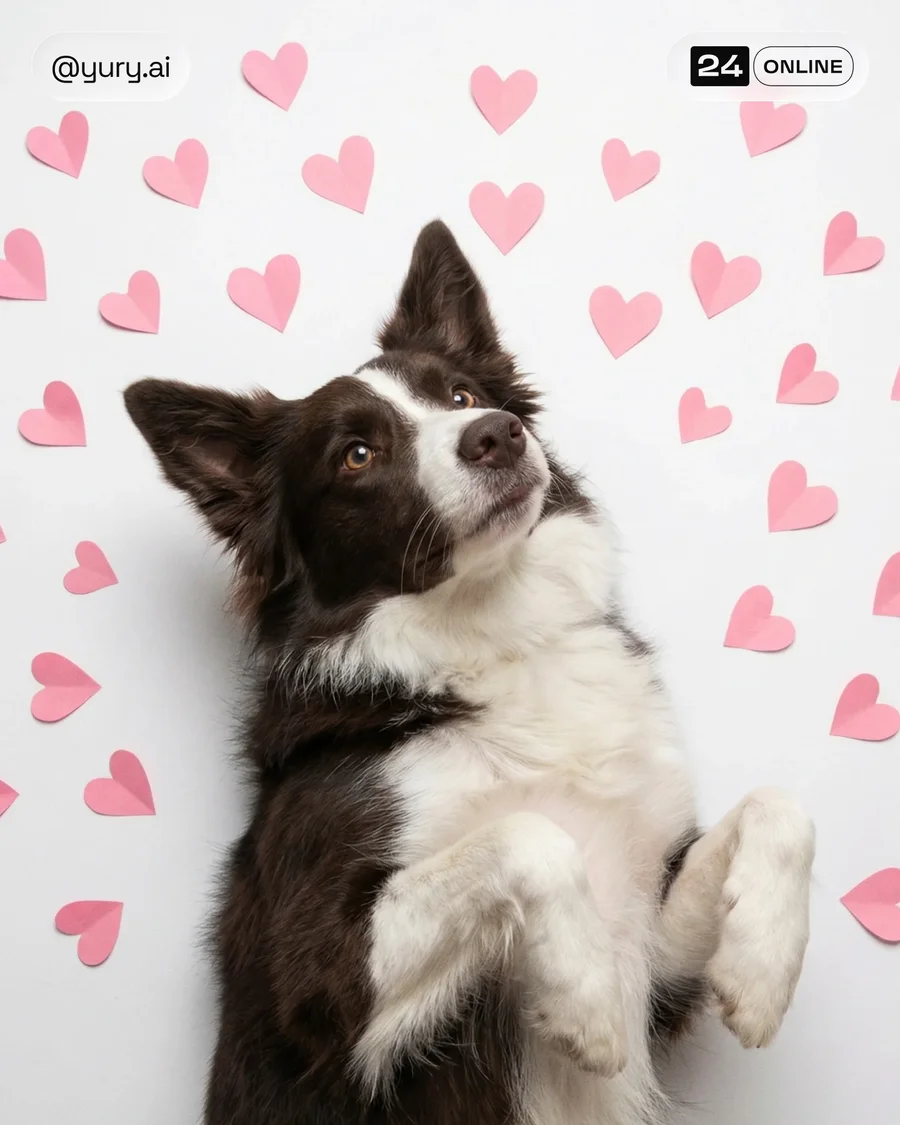 Playful Valentine-themed golden retriever portraits with heart props on bright… — AI-generated example 3 of 6