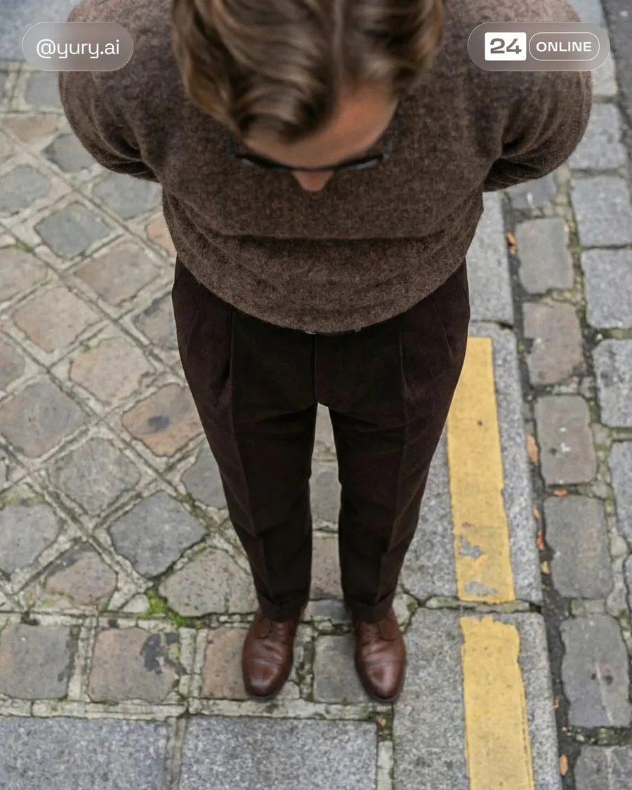 Editorial menswear street style featuring textured wool knitwear and tailored… — AI-generated example 3 of 5
