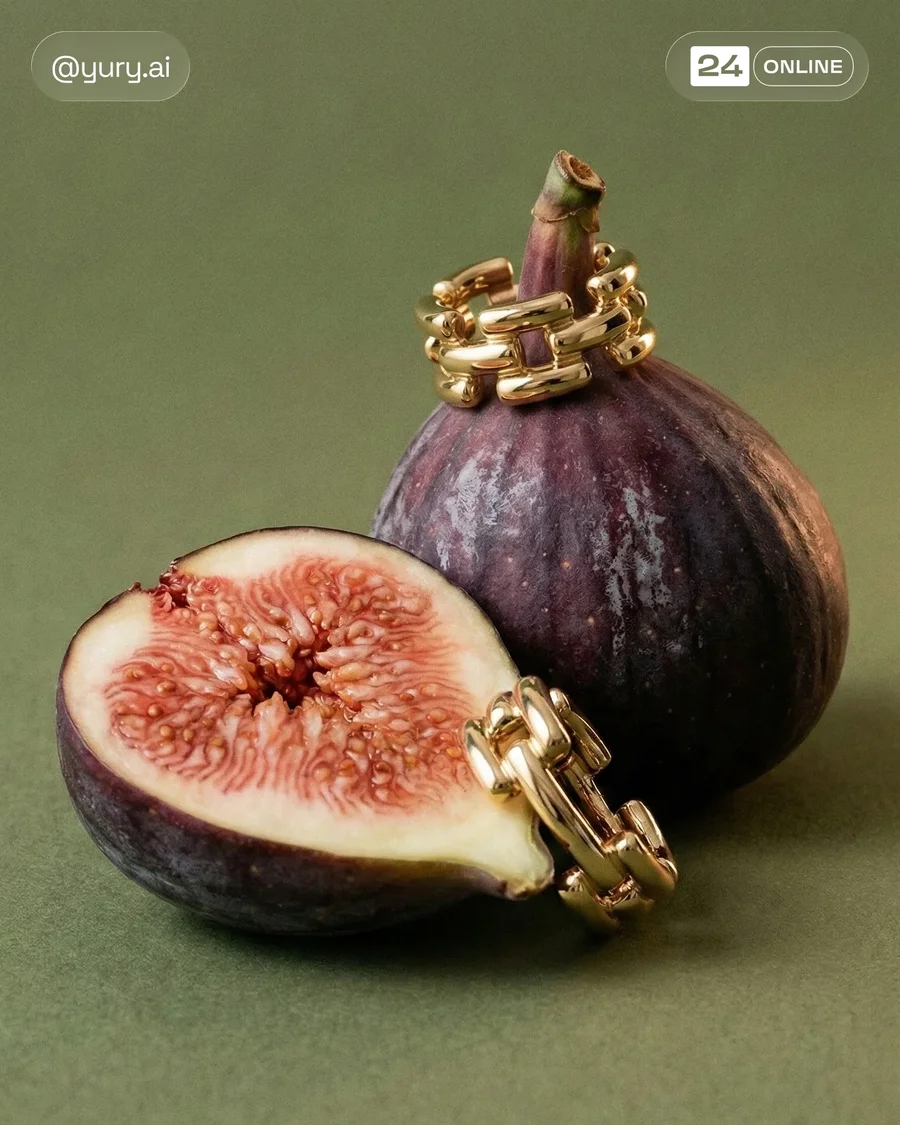 Luxury editorial fine jewelry styled on fresh fruit with soft cinematic… — AI-generated example 2 of 4