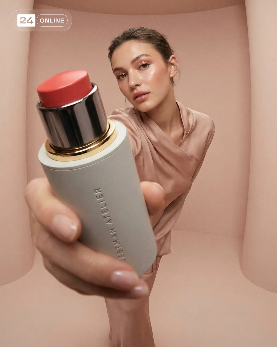 Editorial beauty campaign featuring luxury makeup products in a soft nude-pink… — AI-generated example 2 of 5