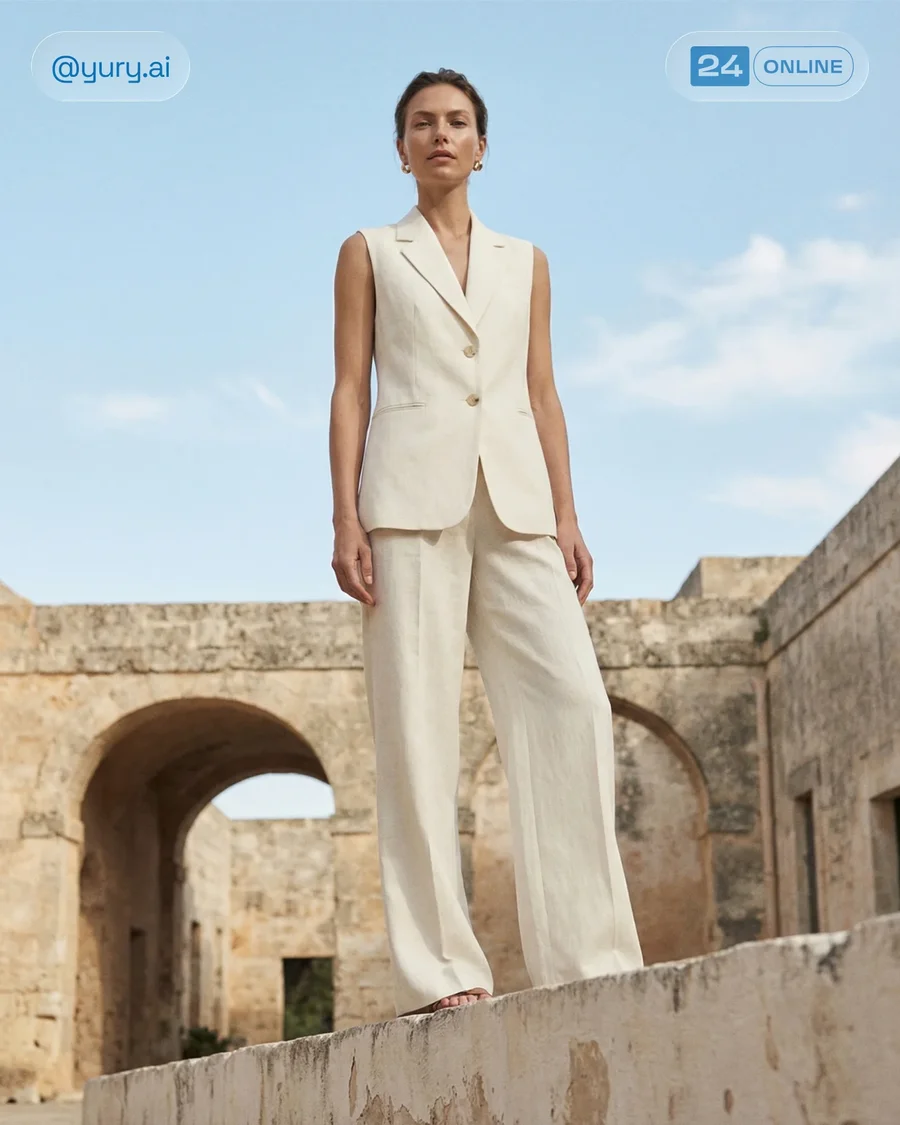 Luxury editorial womenswear in ivory linen tailoring against ancient stone… — AI-generated example 4 of 5