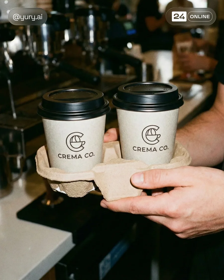 Direct-flash editorial café scenes featuring branded takeaway coffee cups and… — AI-generated example 2 of 2
