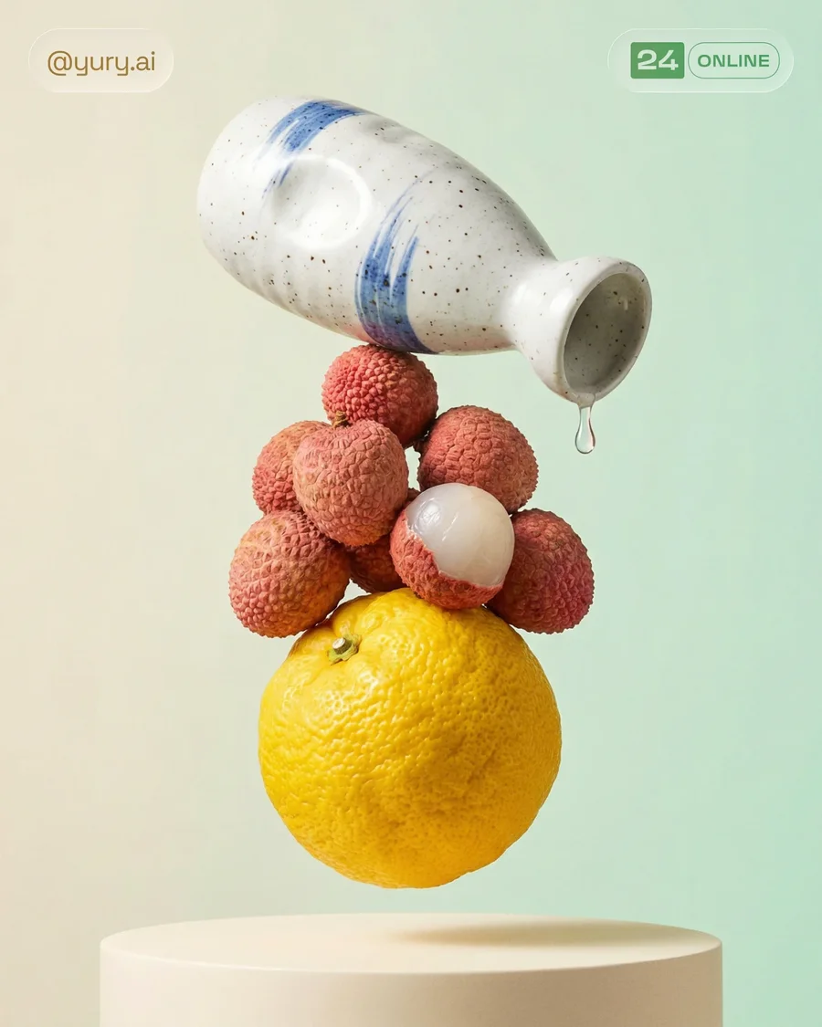Luxury beauty bottles balanced with gourmet ingredients in surreal minimalist… — AI-generated example 2 of 6