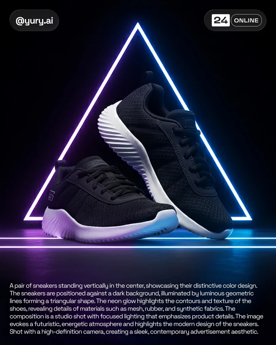 Dynamic studio sneaker photography with floating poses, gradients, neon… — AI-generated example 2 of 4
