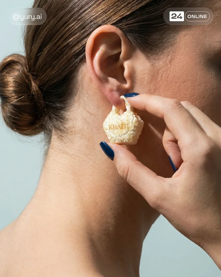 Surreal luxury editorial featuring miniature popcorn-textured handbags in soft… — AI-generated example 3 of 3
