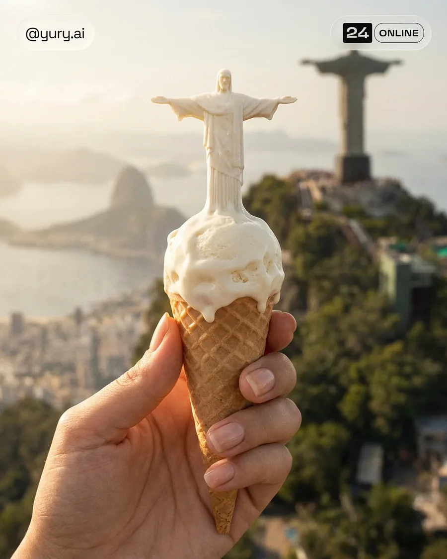 Editorial macro ice cream cone with surreal architectural scoop in cinematic… — AI-generated example 3 of 4