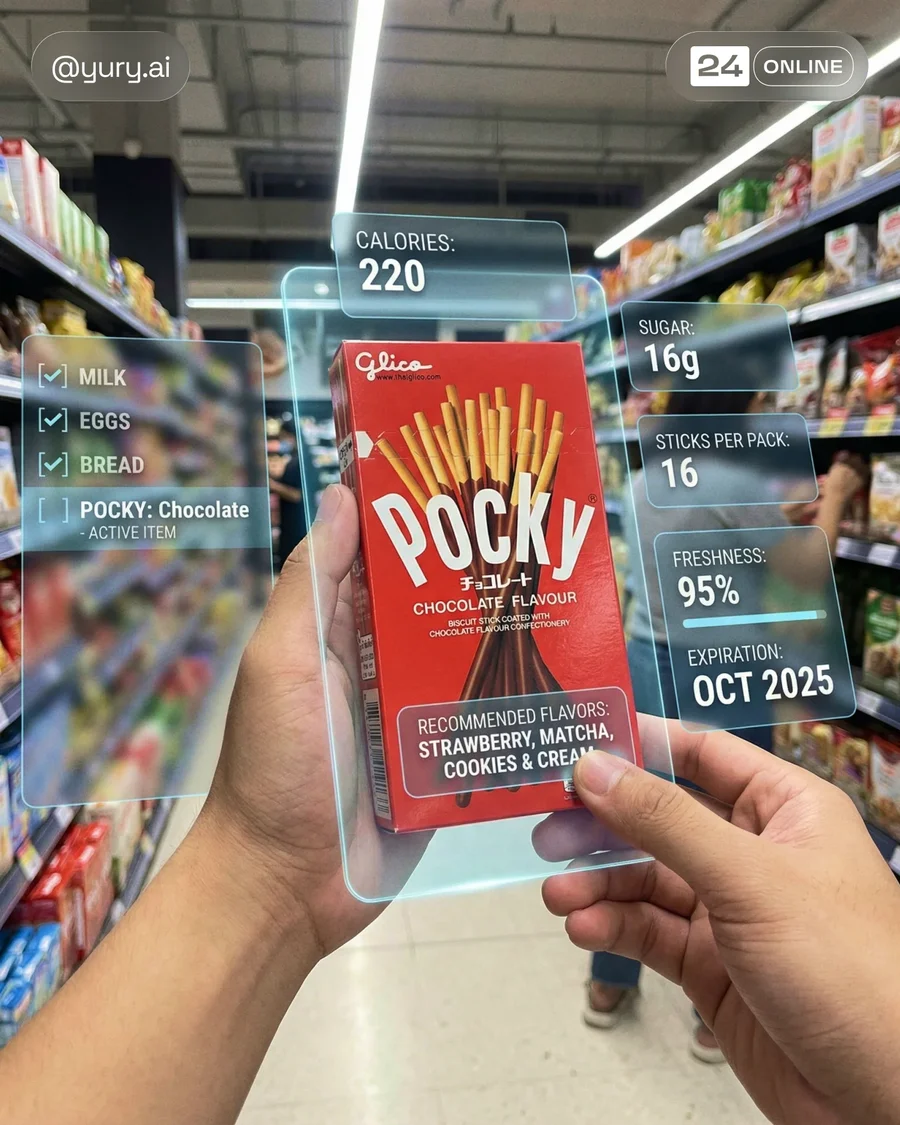 Futuristic first-person supermarket shot of a branded bottled drink with… — AI-generated example 2 of 3