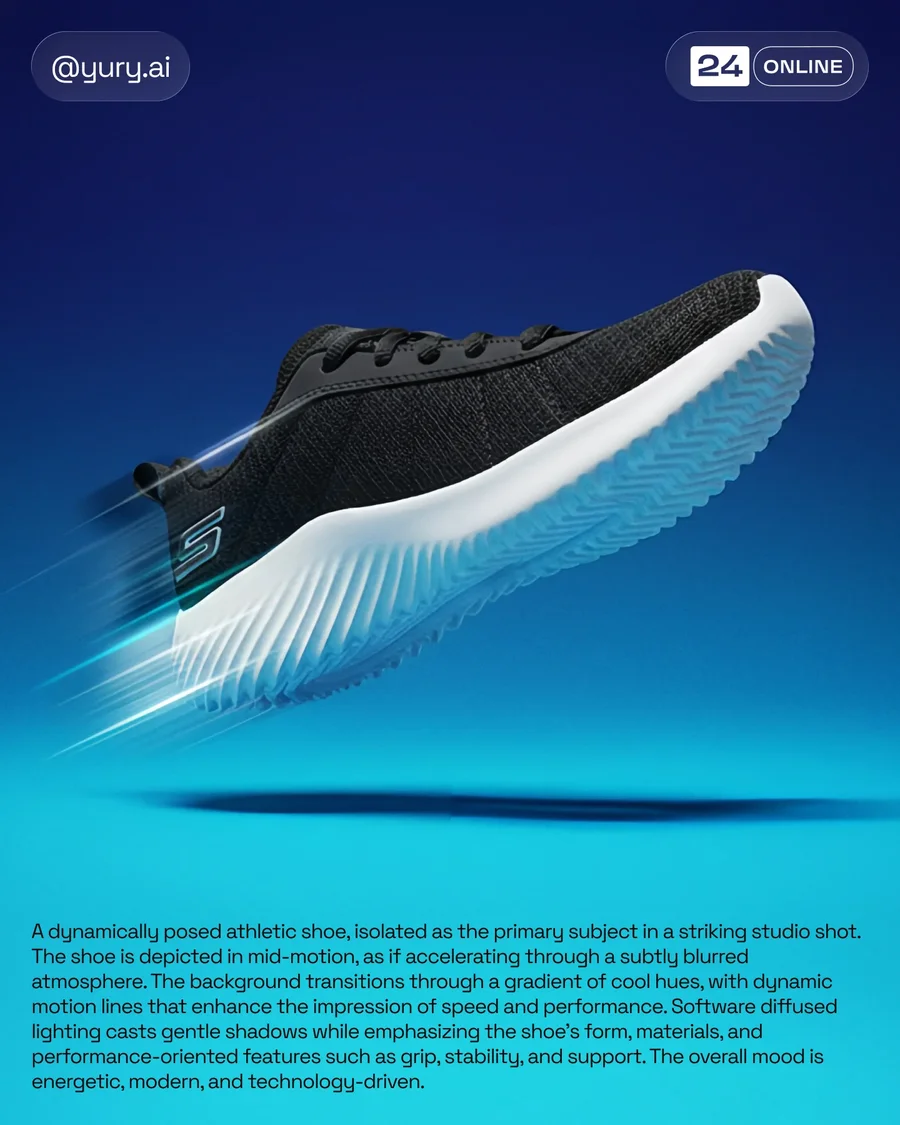 Dynamic studio sneaker photography with floating poses, gradients, neon… — AI-generated example 4 of 4