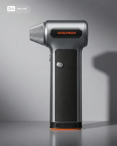 Industrial studio and macro photography of a handheld electric air blower tool.