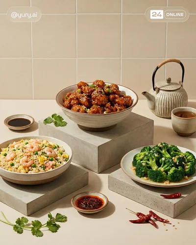 Luxurious studio food campaign featuring traditional Russian borscht with coordinated side dishes and beverage.