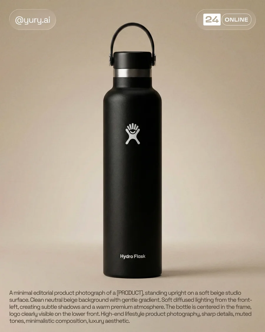 Minimal premium bottle photography with warm beige studio and sunlit desert… — AI-generated example 2 of 4