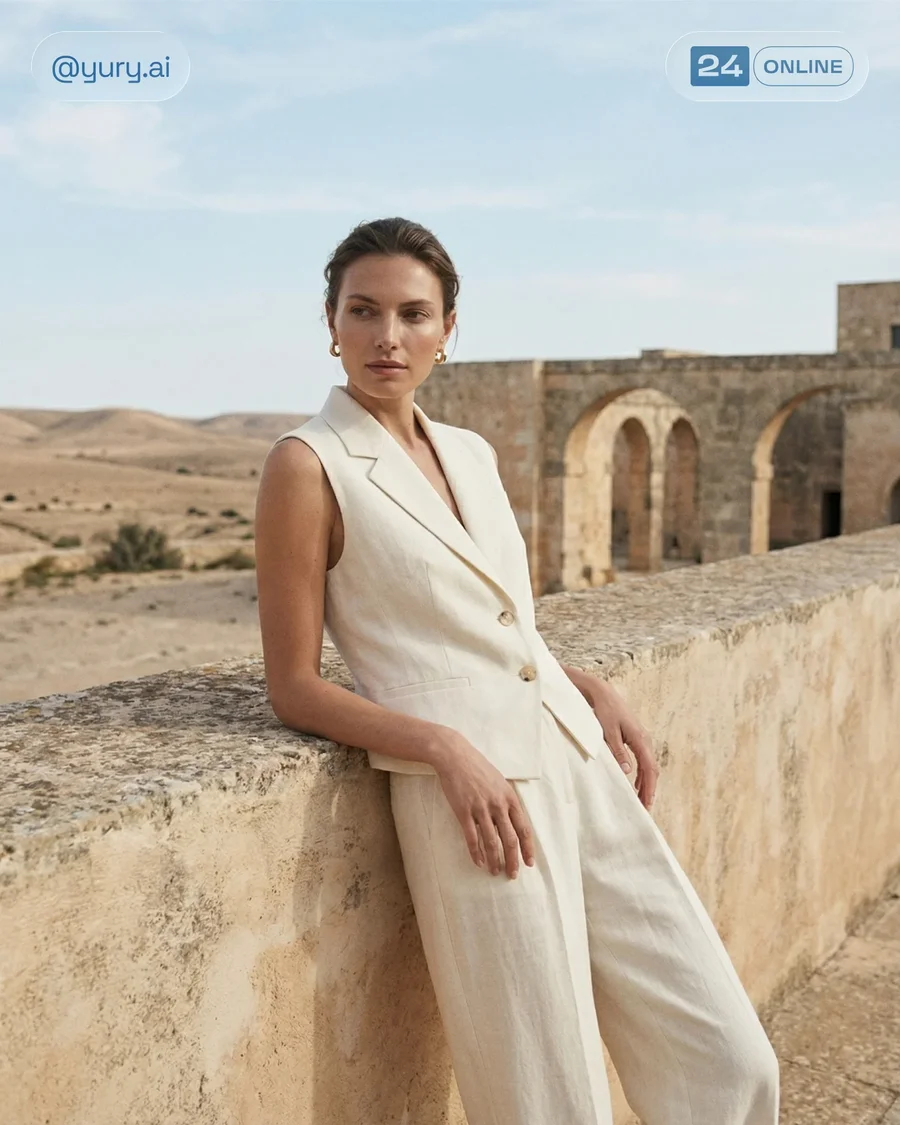 Luxury editorial womenswear in ivory linen tailoring against ancient stone… — AI-generated example 5 of 5
