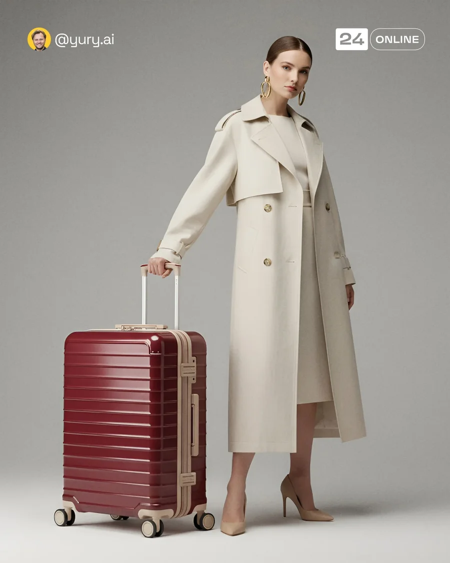 Editorial luxury luggage photography with deep bordeaux hard-shell suitcases… — AI-generated example 2 of 6