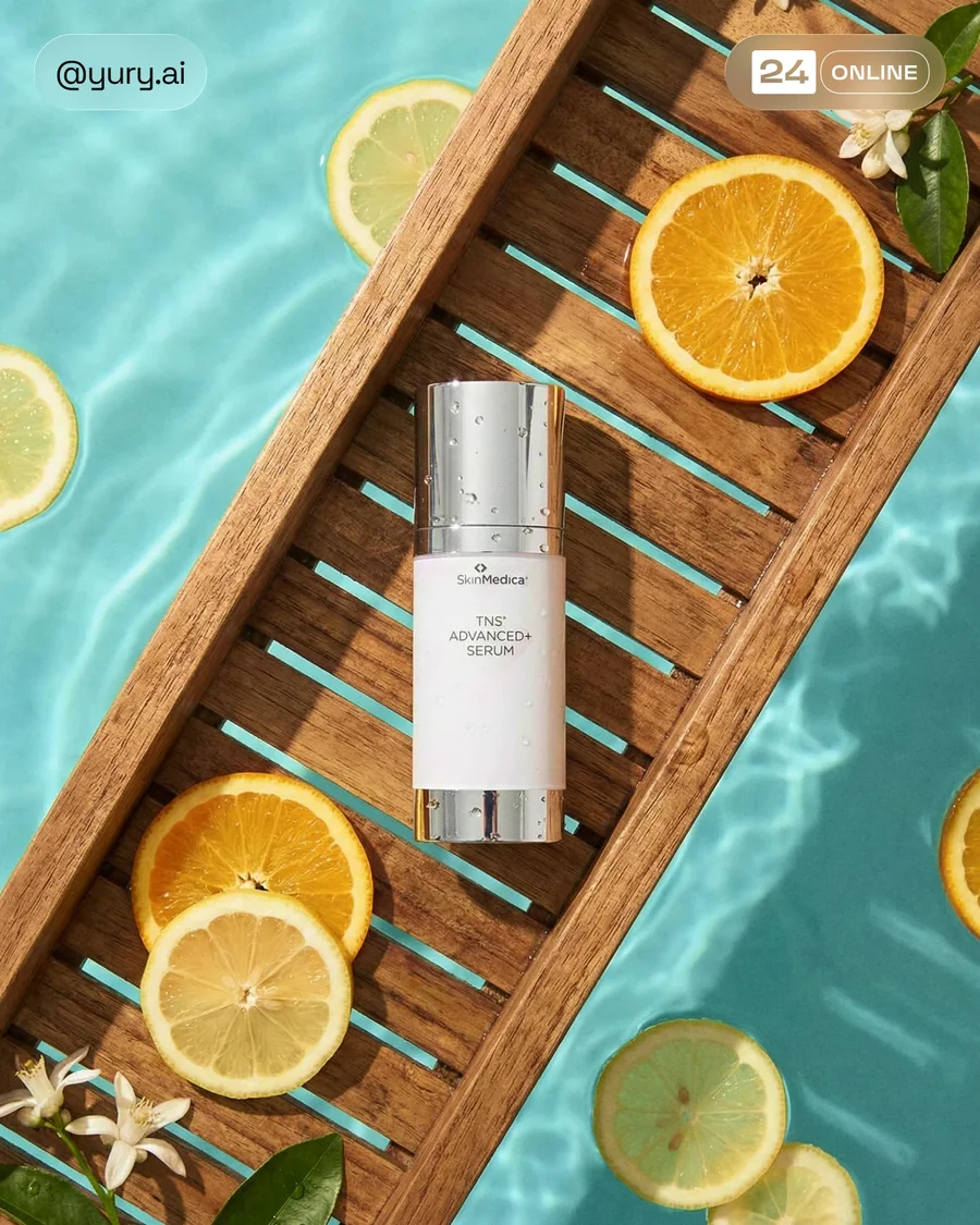 Luxury skincare flat lay on bath tray above pool, fresh spa-like editorial style — AI-generated example 2 of 5