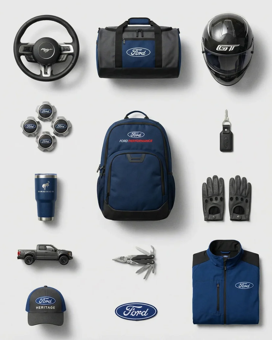 Top-down knolling flat lay of branded fashion accessories and footwear in clean… — AI-generated example 5 of 5
