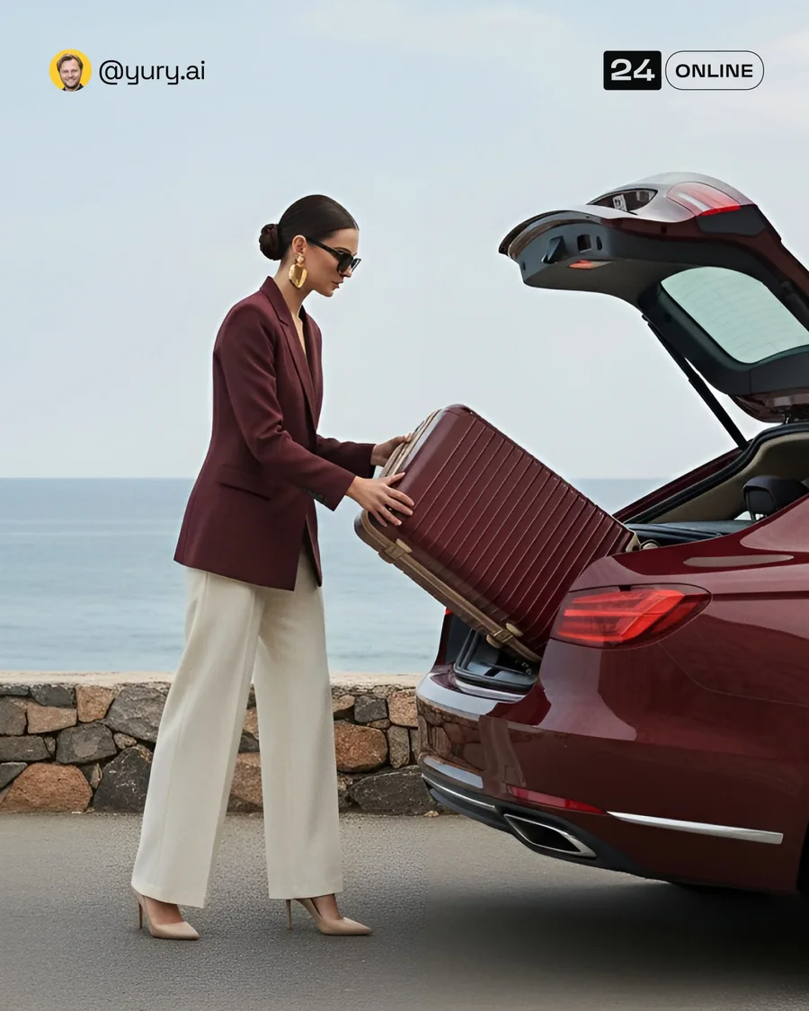 Editorial luxury luggage photography with deep bordeaux hard-shell suitcases… — AI-generated example 4 of 6