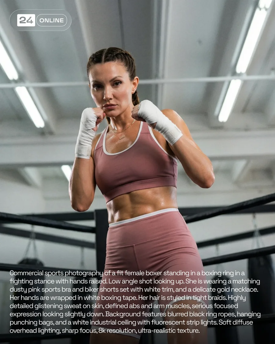 Cinematic female athleticwear portraits in sporty environments with dramatic… — AI-generated example 3 of 5