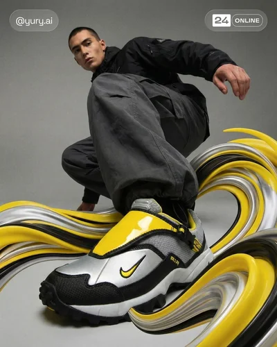 Futuristic editorial sneaker photography with dramatic lighting, motion, and cinematic desert lifestyle energy.