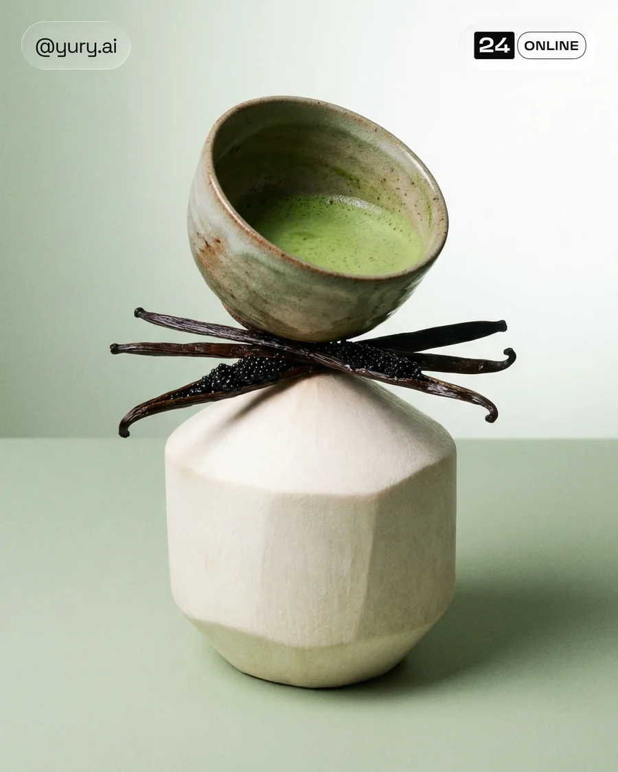 Luxury beauty bottles balanced with gourmet ingredients in surreal minimalist… — AI-generated example 5 of 6