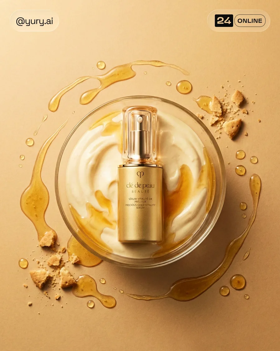Clean luxury skincare bottle with serum, ice and dessert-inspired editorial… — AI-generated example 2 of 2