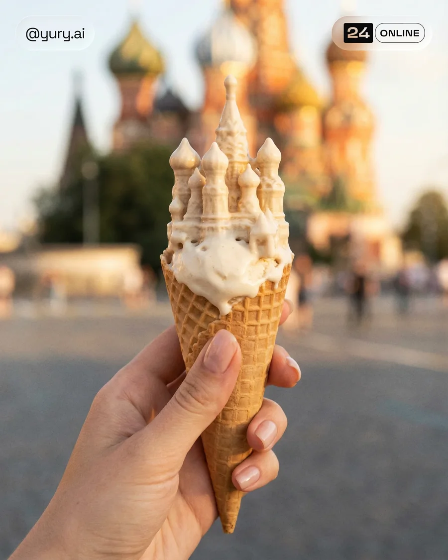 Editorial macro ice cream cone with surreal architectural scoop in cinematic… — AI-generated example 4 of 4