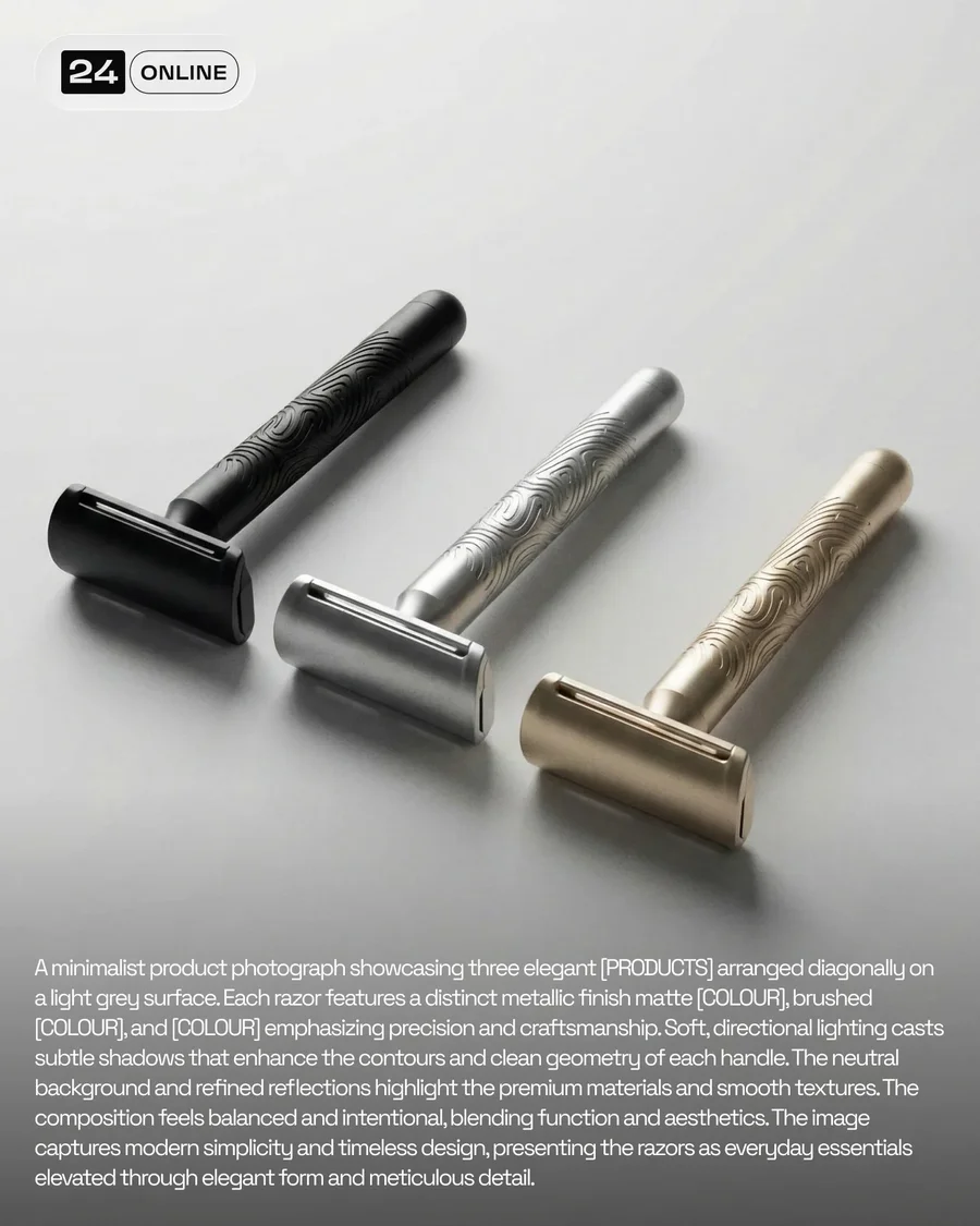 Minimalist studio shaving razor photography with refined metallic details and… — AI-generated example 6 of 6