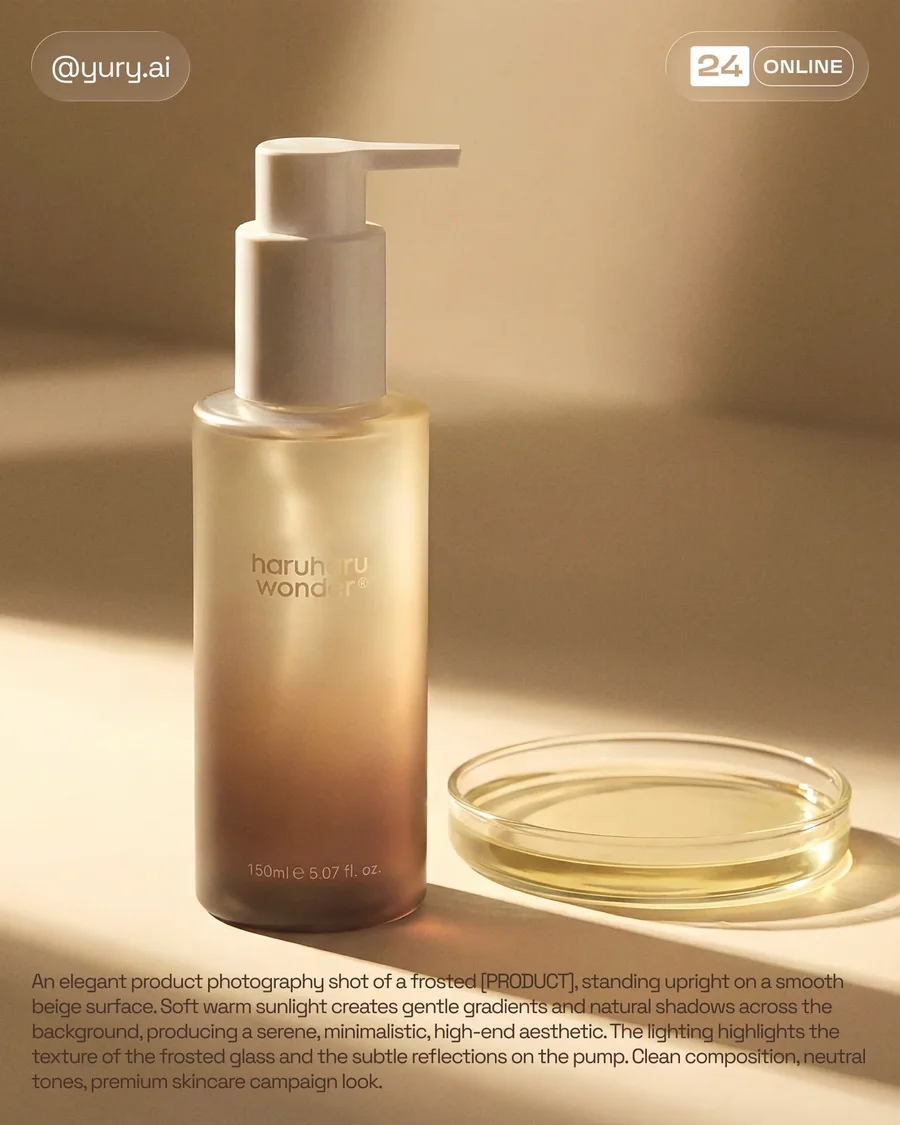 Minimal warm-toned luxury skincare product photography with frosted bottles and… — AI-generated example 4 of 4