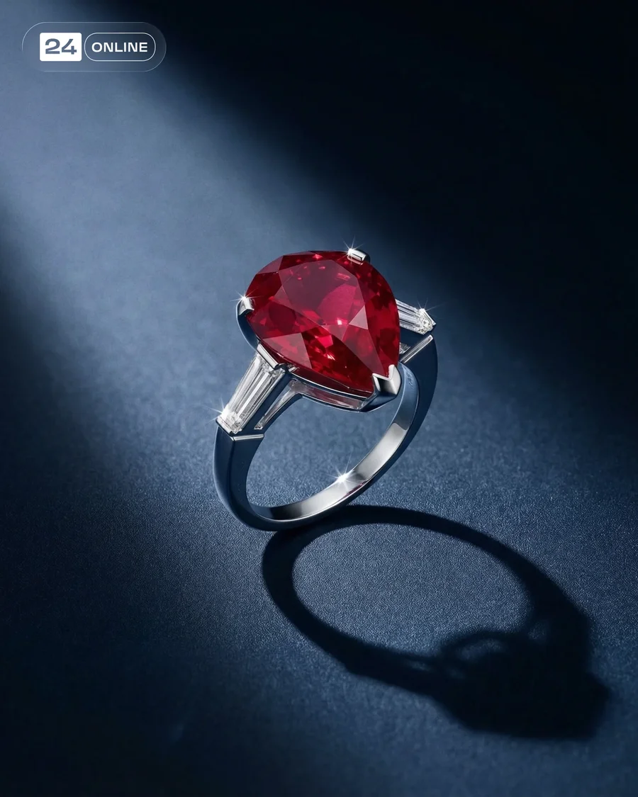 Luxury ruby ring photography with dramatic studio lighting and sculptural… — AI-generated example 2 of 4