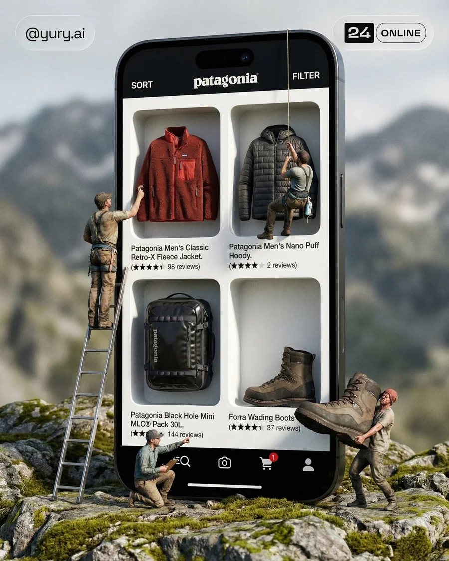 Hyper-realistic giant smartphone storefront with miniature workers arranging… — AI-generated example 4 of 4