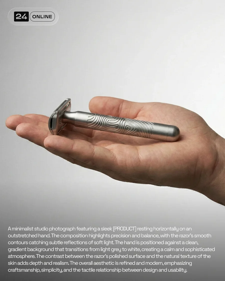Minimalist studio shaving razor photography with refined metallic details and… — AI-generated example 5 of 6