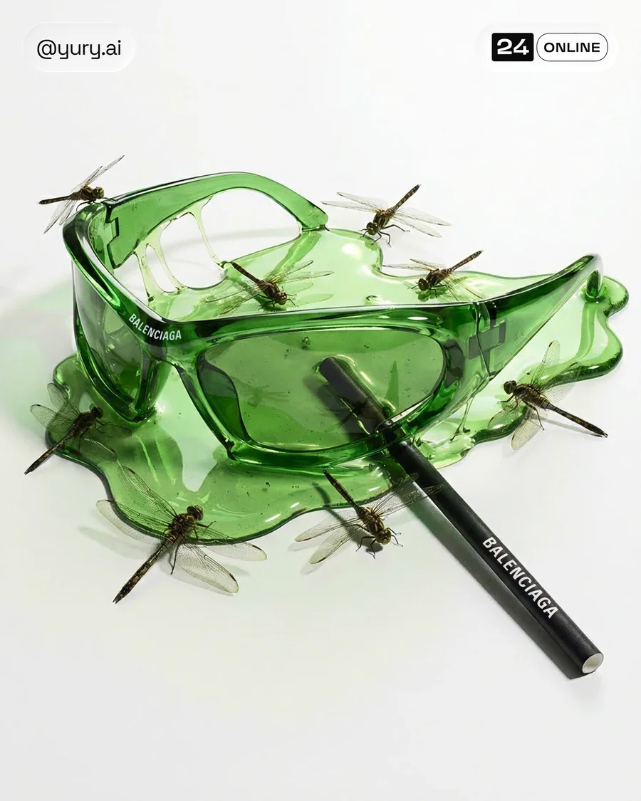 Hyper-real translucent jelly accessory melting on white surface with insects… — AI-generated example 5 of 5
