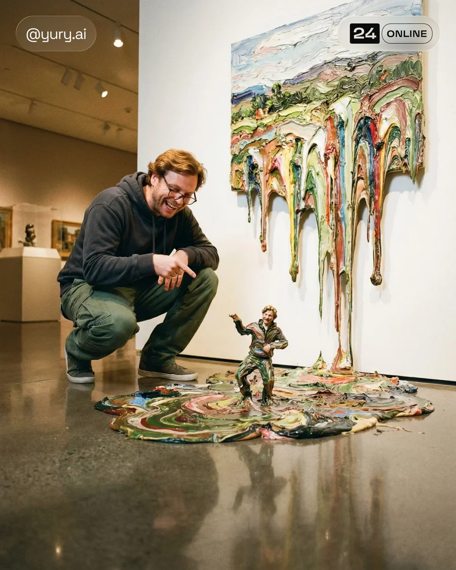 Playful streetwear portraits in a luxury museum with surreal impasto painting… — AI-generated example 3 of 4
