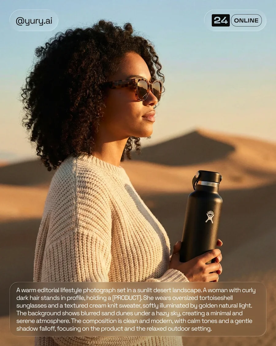 Minimal premium bottle photography with warm beige studio and sunlit desert… — AI-generated example 4 of 4