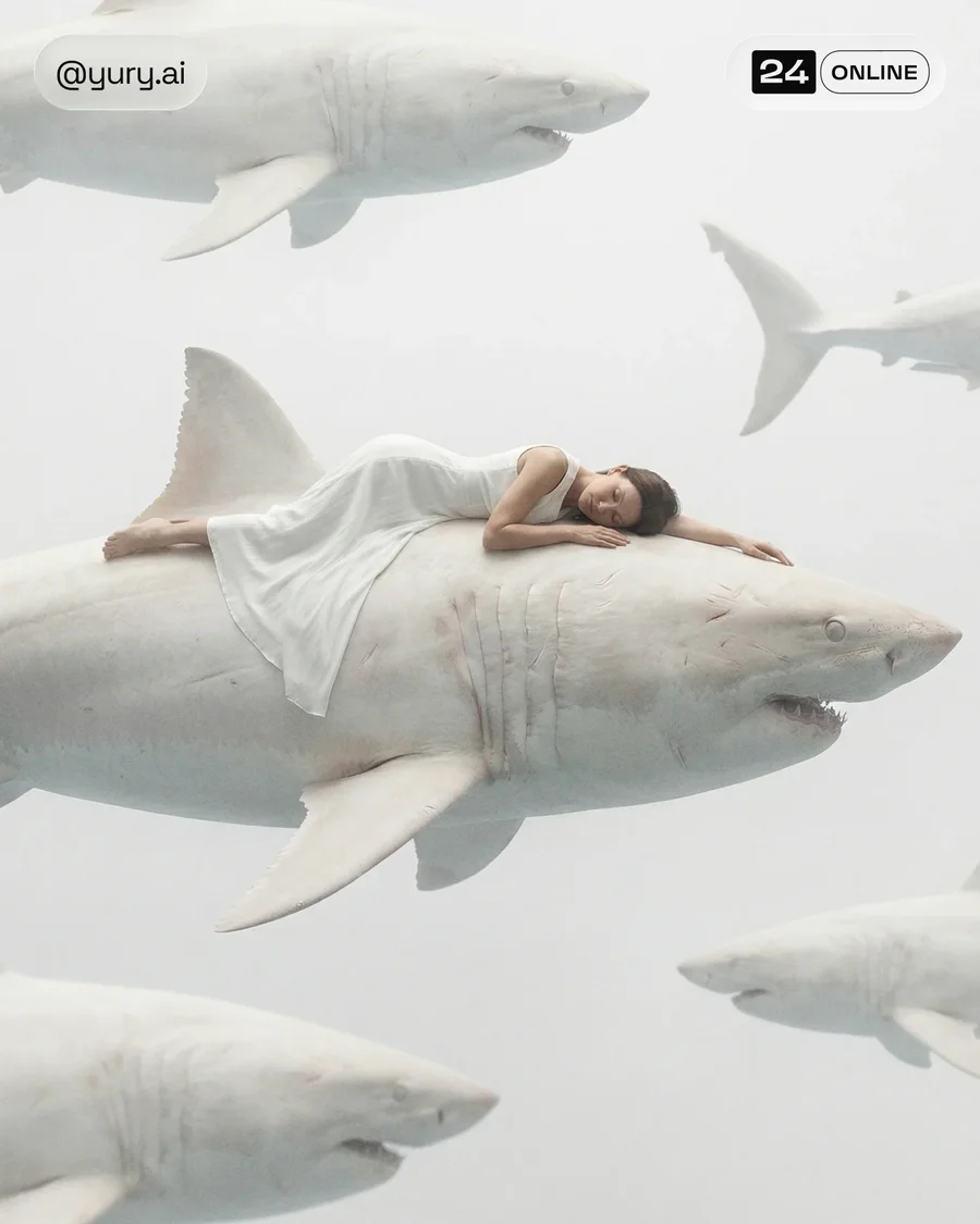 Surreal editorial fashion portraits with miniature women posed on floating… — AI-generated example 4 of 4