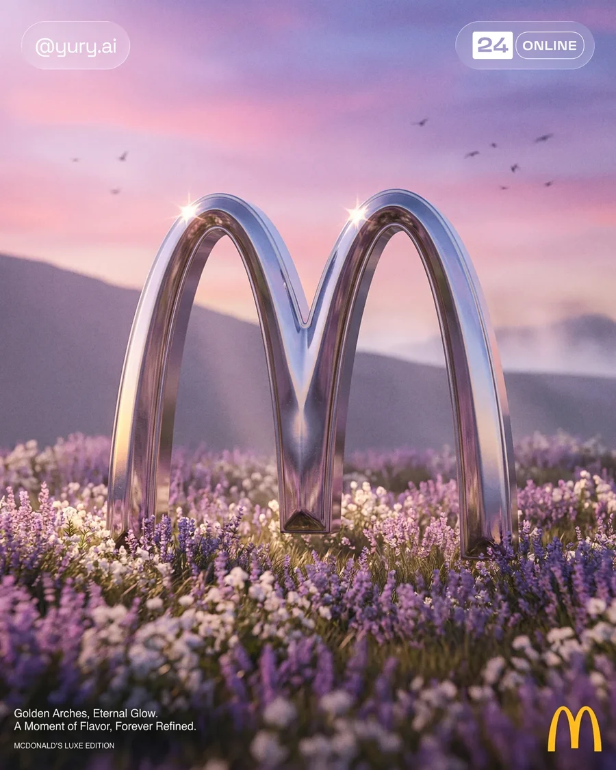 Chrome luxury fashion logo in an ethereal editorial floral landscape. — AI-generated example 3 of 4