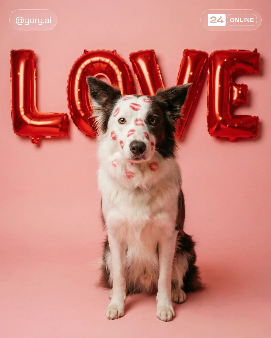 Playful Valentine-themed golden retriever portraits with heart props on bright… — AI-generated example 2 of 6