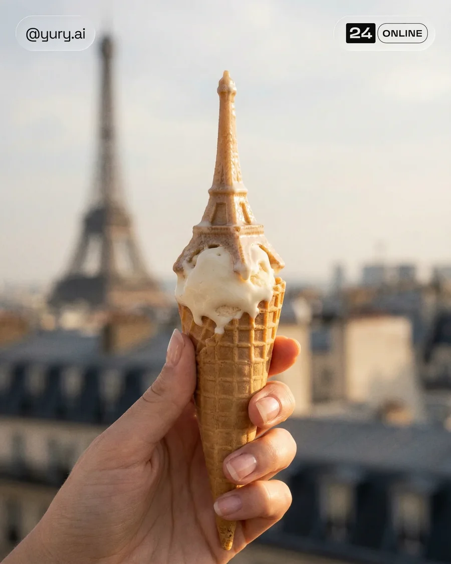 Editorial macro ice cream cone with surreal architectural scoop in cinematic… — AI-generated example 2 of 4