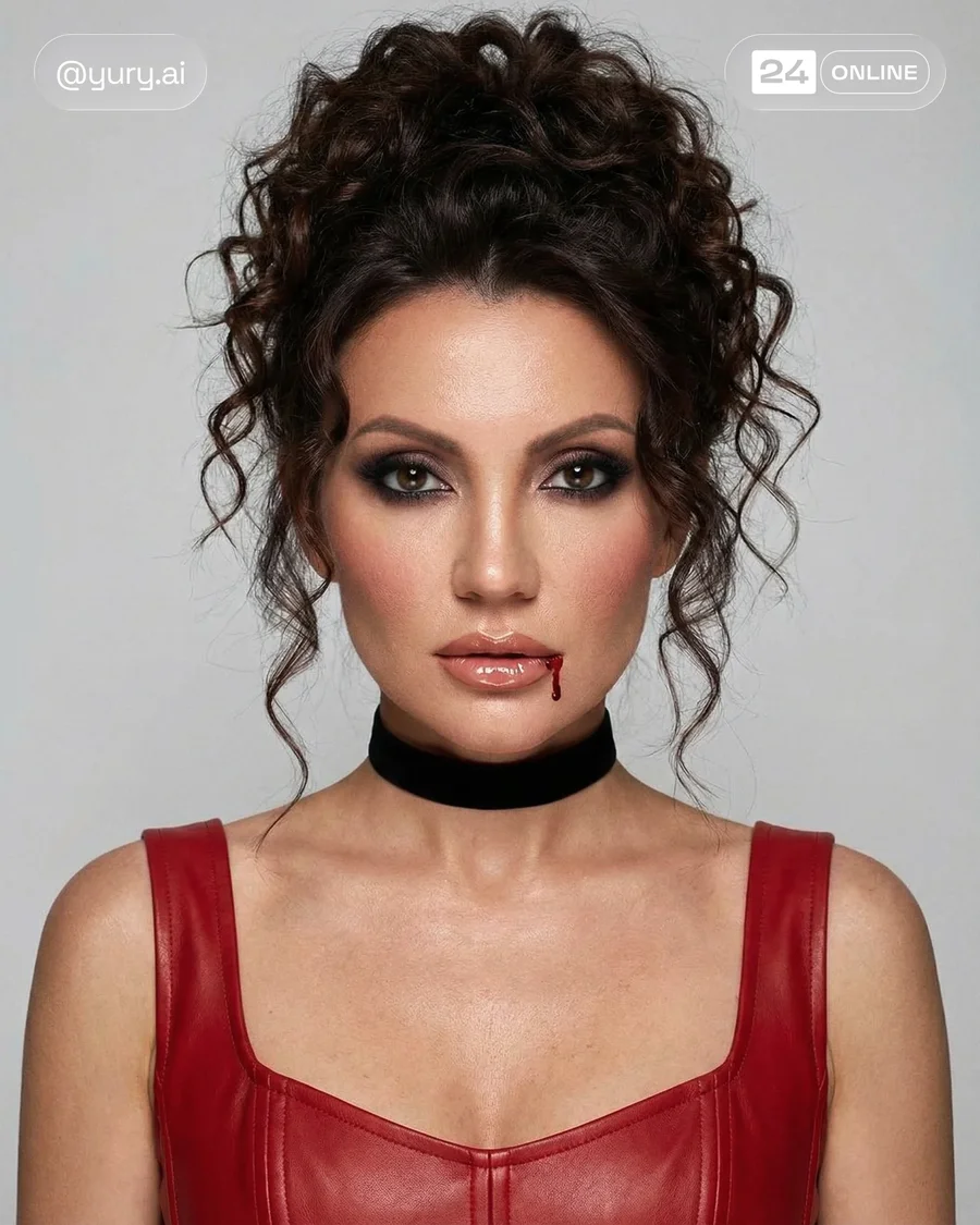 Cinematic studio portraits of glamorous women in corsets, curls, wings, and… — AI-generated example 5 of 5
