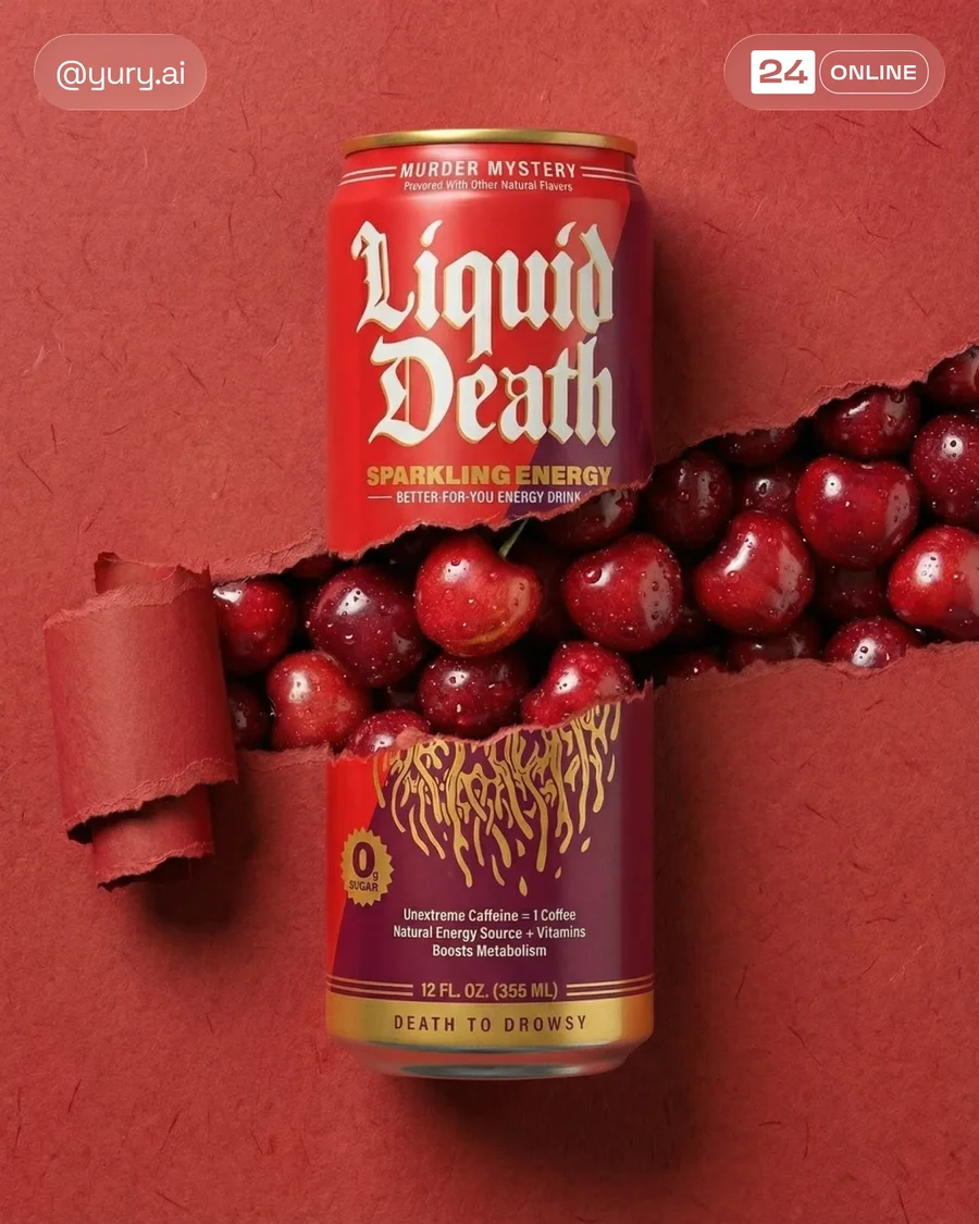 Premium soda can product shot with torn paper reveal and glossy pomegranate… — AI-generated example 3 of 5