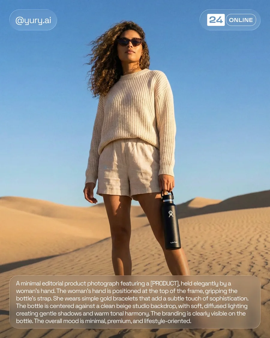 Minimal premium bottle photography with warm beige studio and sunlit desert… — AI-generated example 3 of 4