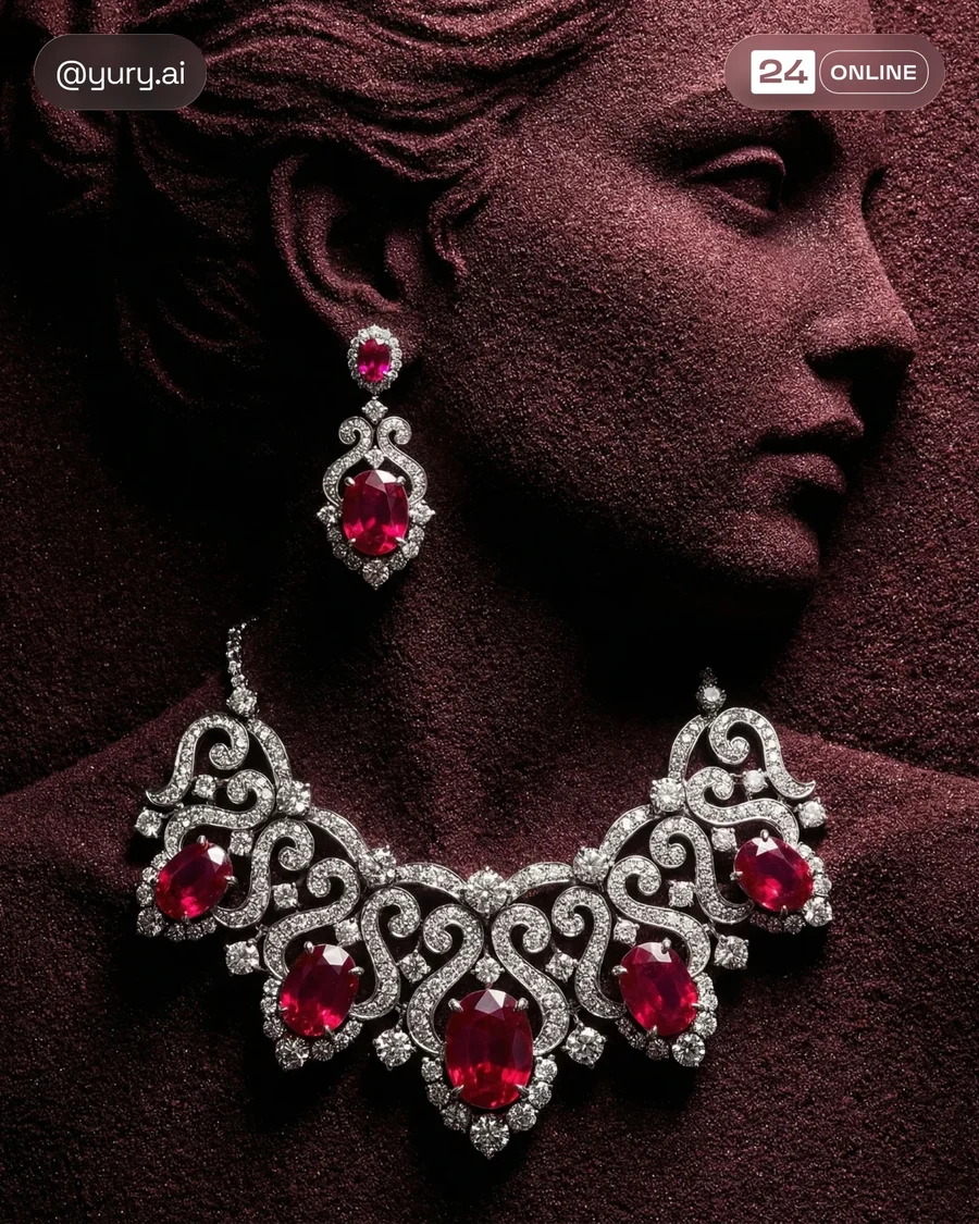 Dramatic macro luxury jewelry on crimson sculptural female profiles with… — AI-generated example 2 of 3