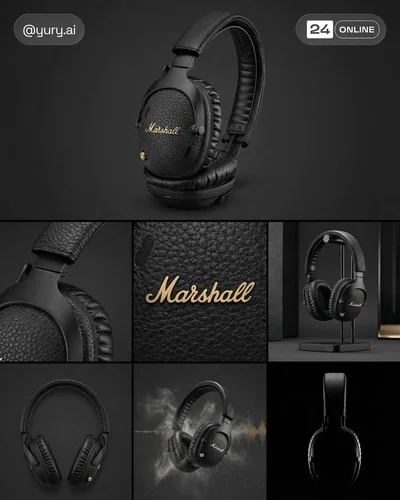 Ultra-premium studio multi-panel product presentation for branded accessory with material-focused editorial lighting